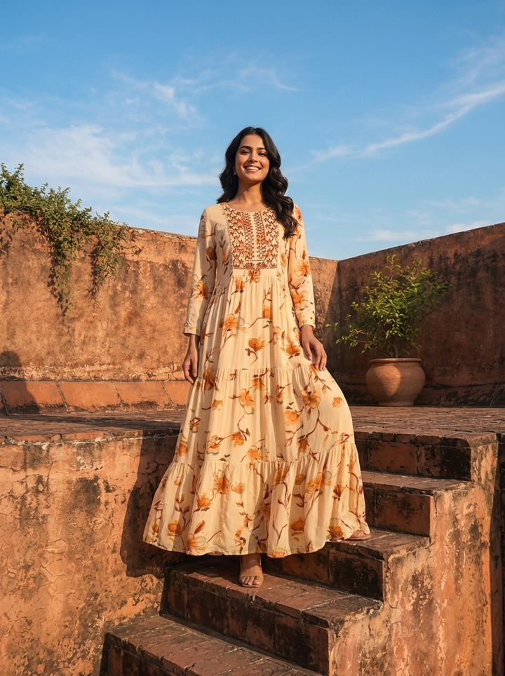 Mustard Rayon Floral Blossom Printed Dress