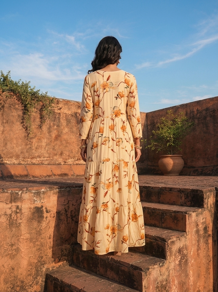 Mustard Rayon Floral Blossom Printed Dress