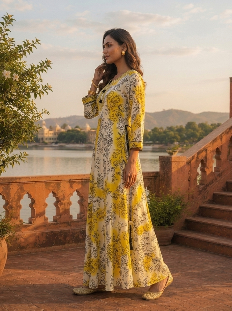 Yellow Rayon Ombre Floral Printed Long Dress