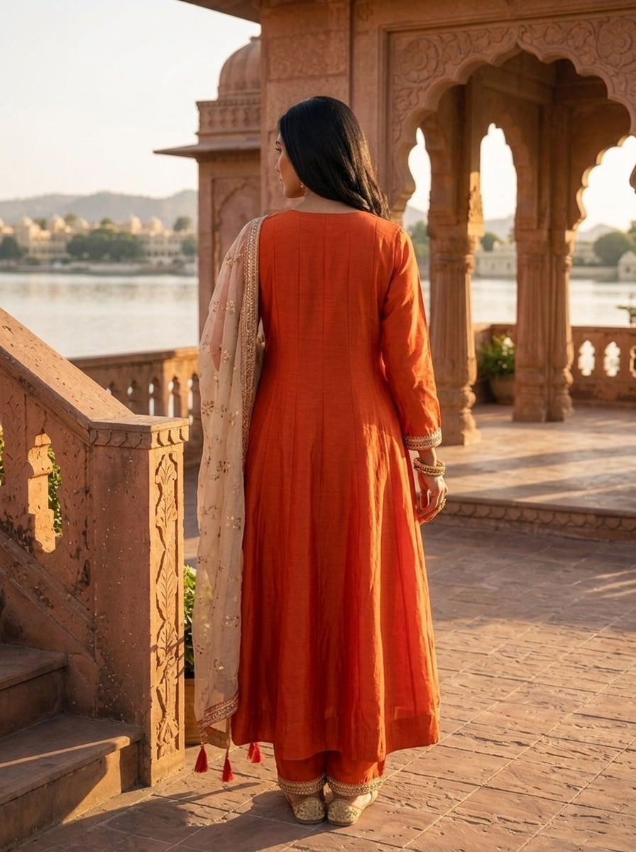 Orange Vichitra Silk Geometric Zari Embroidery Three Piece Set
