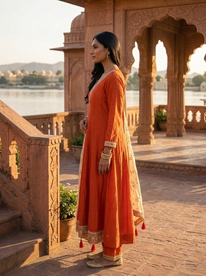 Orange Vichitra Silk Geometric Zari Embroidery Three Piece Set