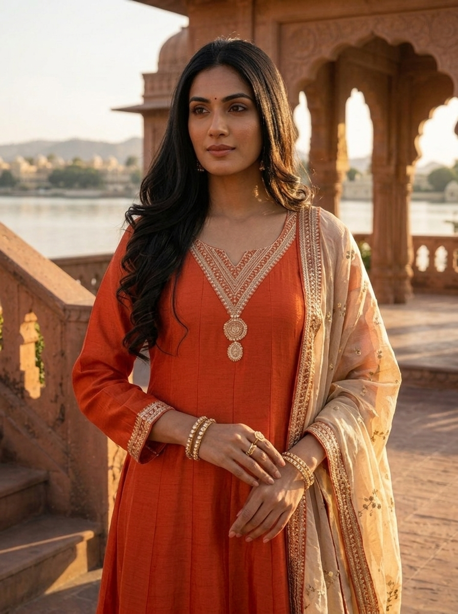 Orange Vichitra Silk Geometric Zari Embroidery Three Piece Set