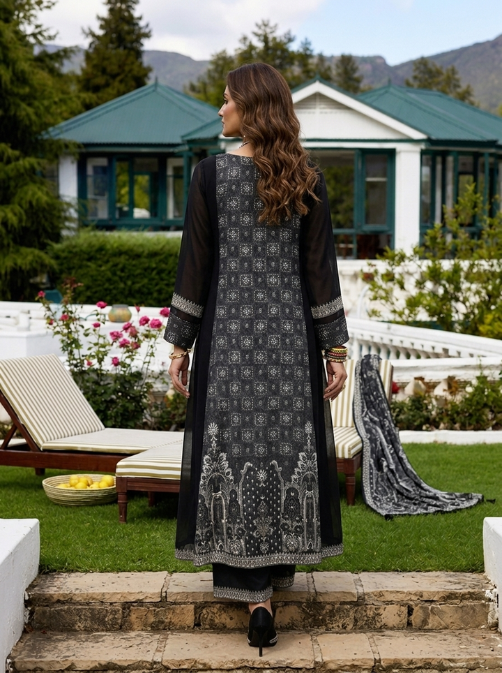 Black Georgette Mughal Printed Three Piece Set