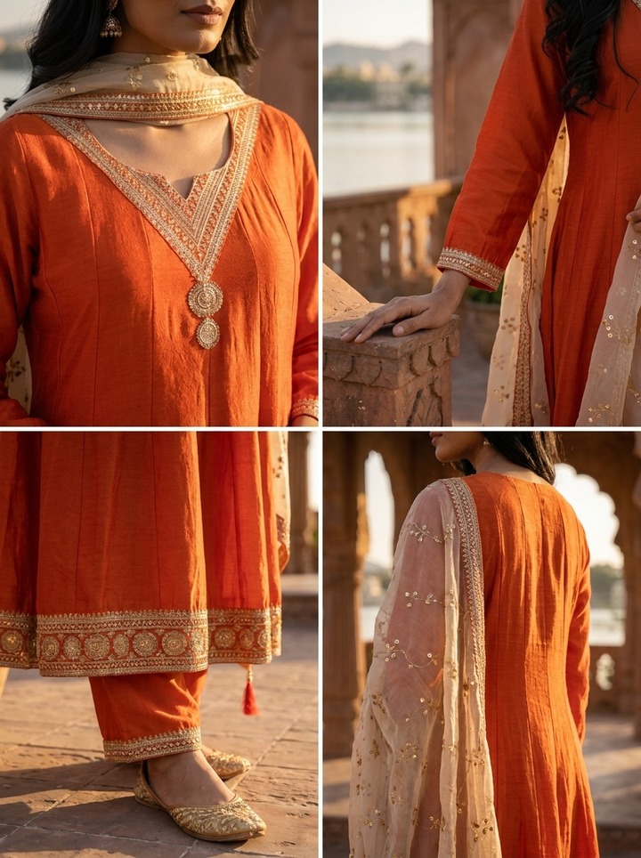 Orange Vichitra Silk Geometric Zari Embroidery Three Piece Set