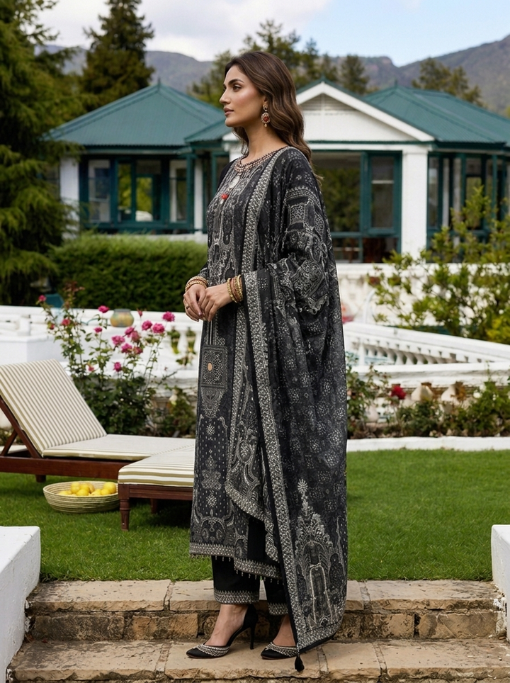 Black Georgette Mughal Printed Three Piece Set