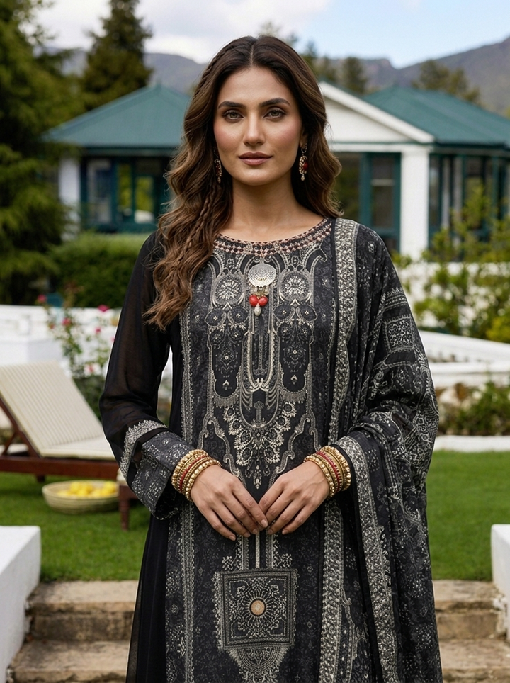Black Georgette Mughal Printed Three Piece Set