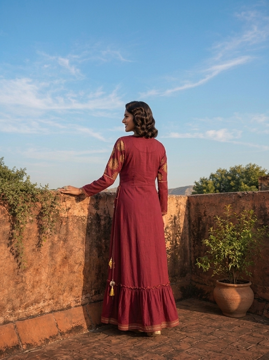 Wine Cotton Hand Embroidered And Floral Printed Long Dress