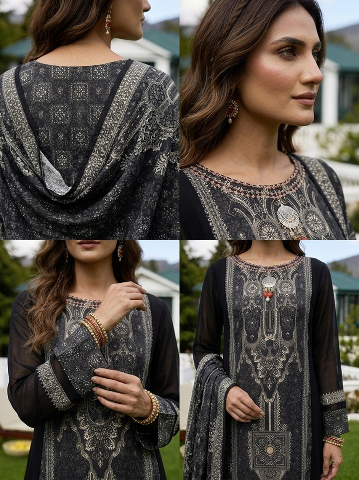 Black Georgette Mughal Printed Three Piece Set