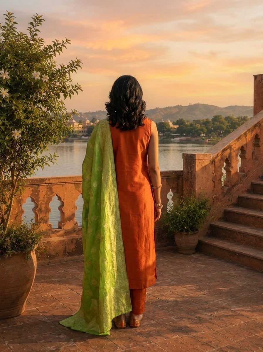 Rust Vichitra Silk Intricate Hand Embroidery Three Piece Set