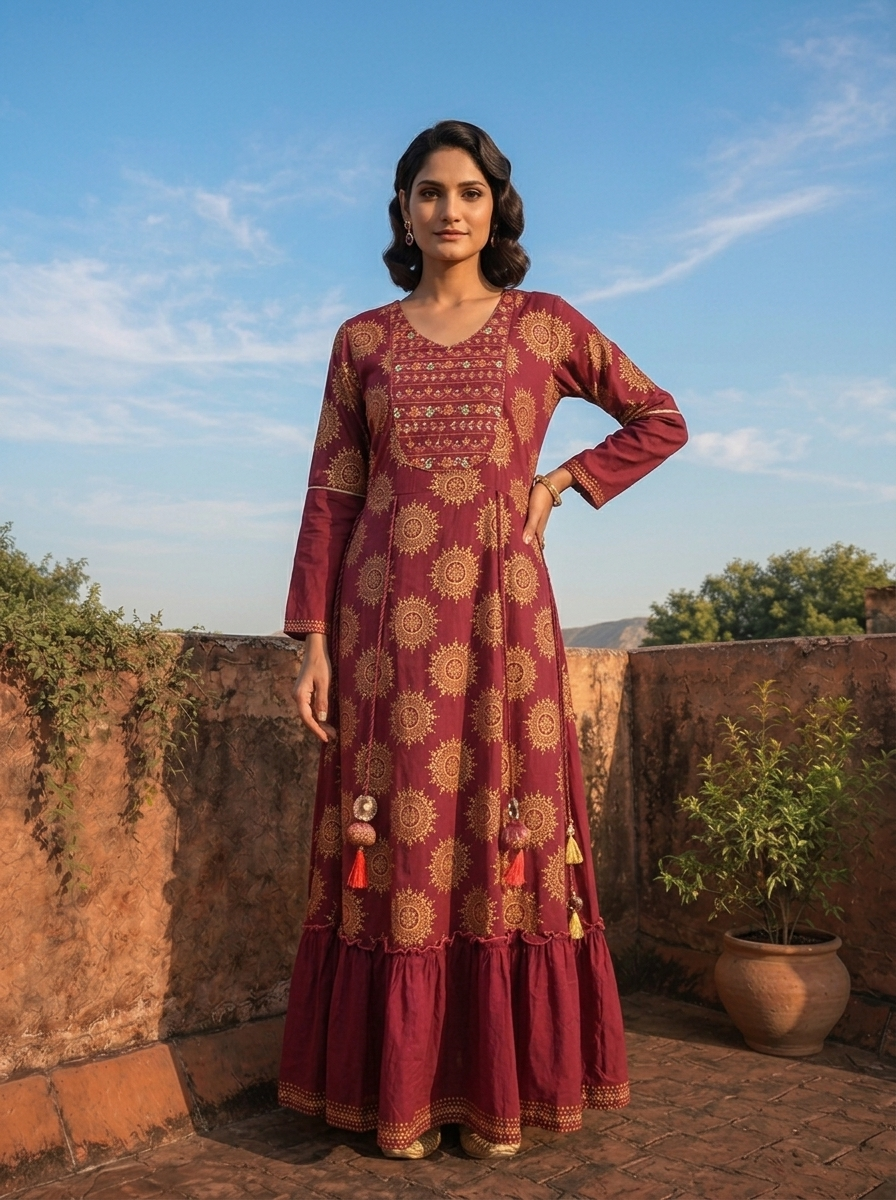 Wine Cotton Hand Embroidered And Floral Printed Long Dress