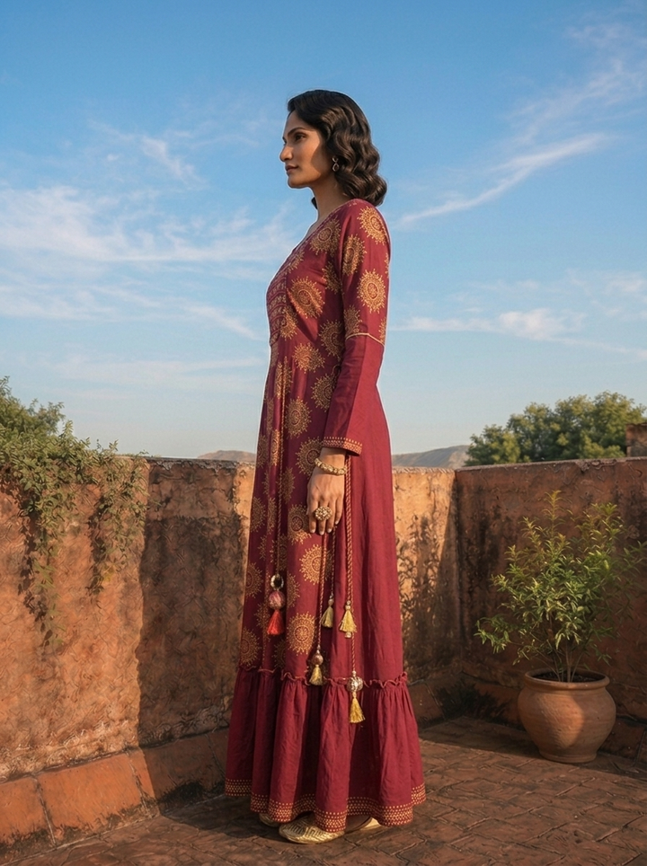 Wine Cotton Hand Embroidered And Floral Printed Long Dress