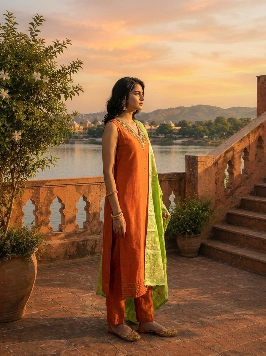 Rust Vichitra Silk Intricate Hand Embroidery Three Piece Set