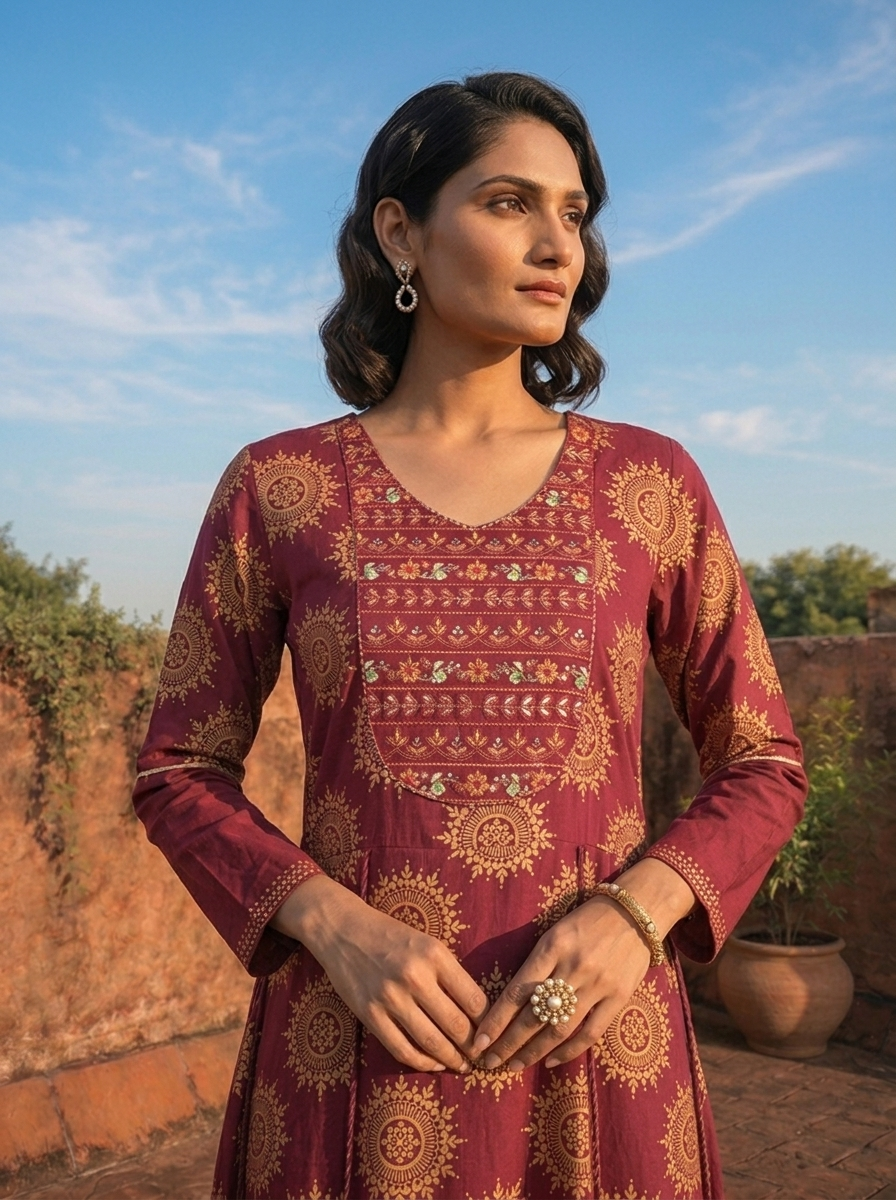 Wine Cotton Hand Embroidered And Floral Printed Long Dress