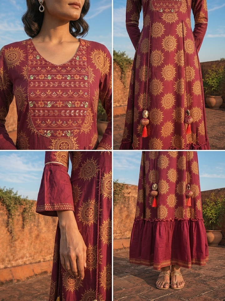 Wine Cotton Hand Embroidered And Floral Printed Long Dress