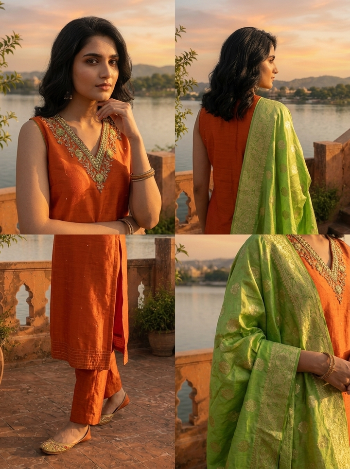 Rust Vichitra Silk Intricate Hand Embroidery Three Piece Set