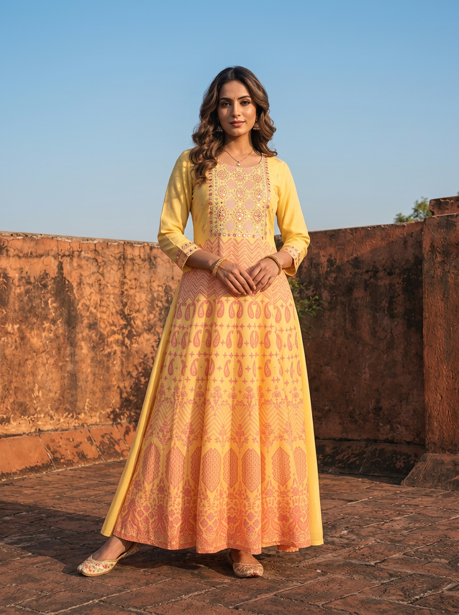 Yellow Rayon Paisley Printed Long Dress