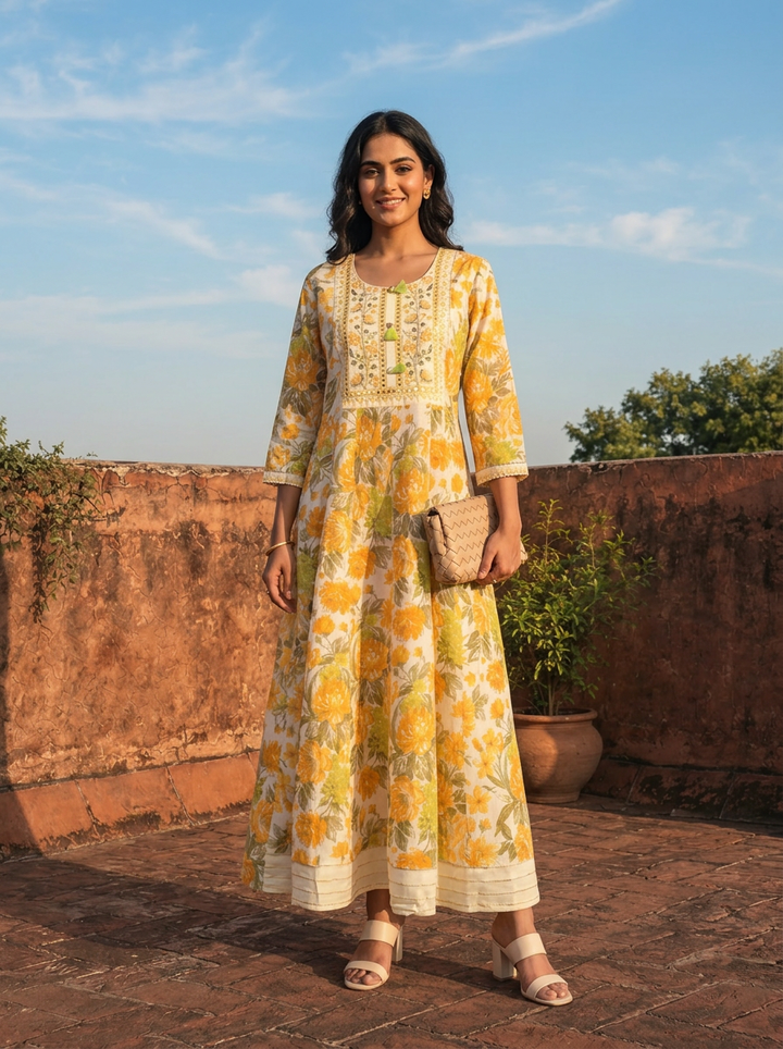 Yellow Muslin Floral Blossom Printed Dress