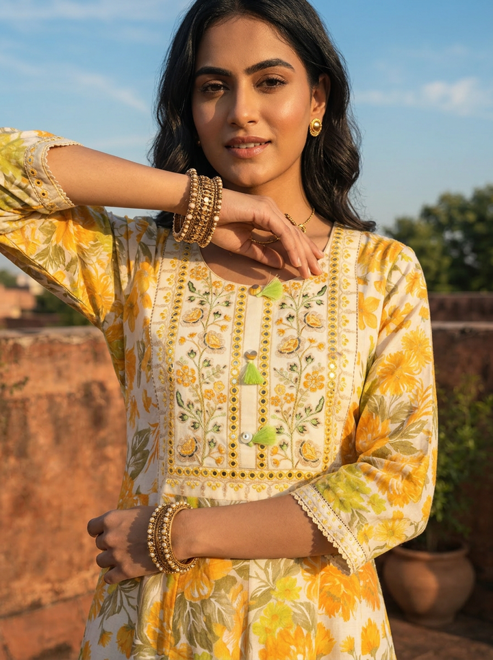 Yellow Muslin Floral Blossom Printed Dress