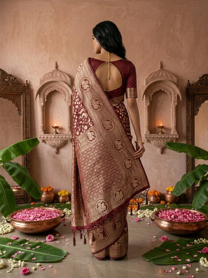 Wine Silk Mor Design Weaved Saree