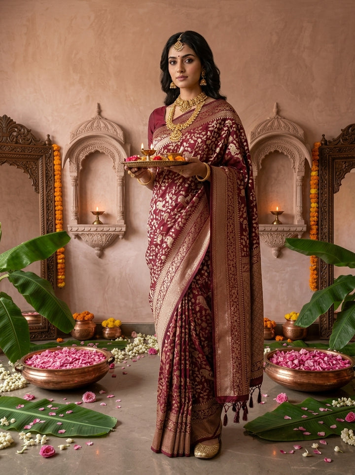 Maroon Silk Floral Weaved Saree