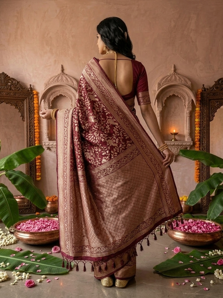 Maroon Silk Floral Weaved Saree