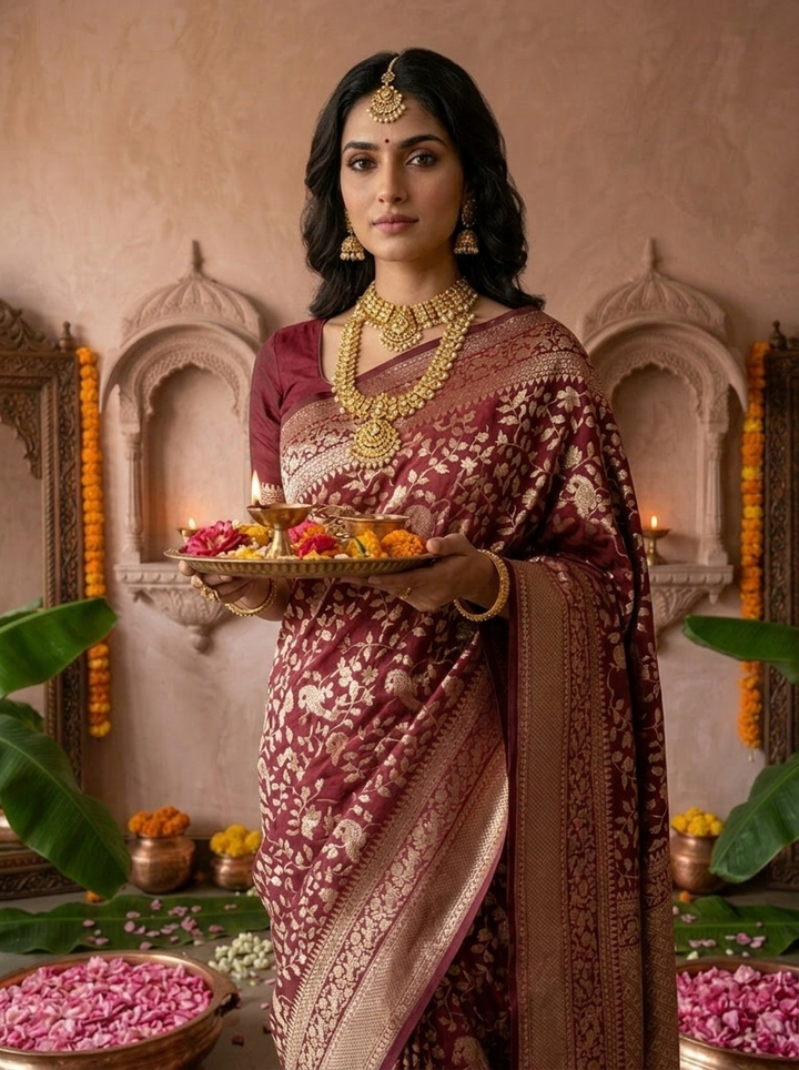 Maroon Silk Floral Weaved Saree