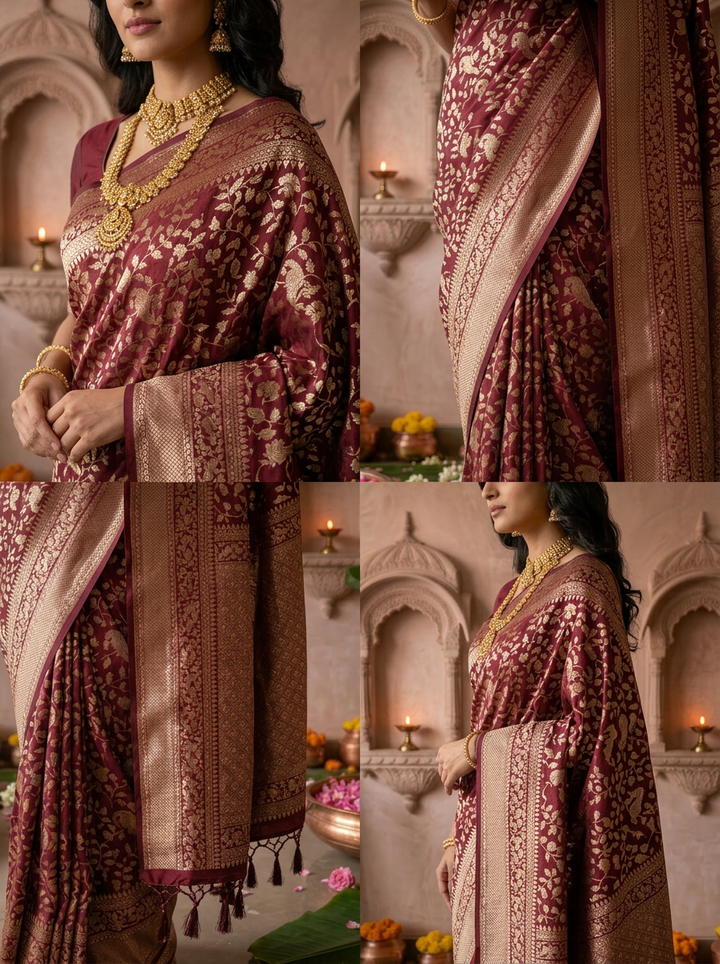 Maroon Silk Floral Weaved Saree