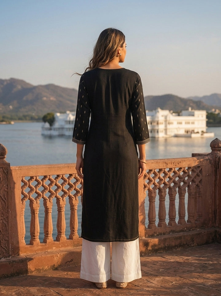 Black Rayon Woven Buti Embroidery Kurta