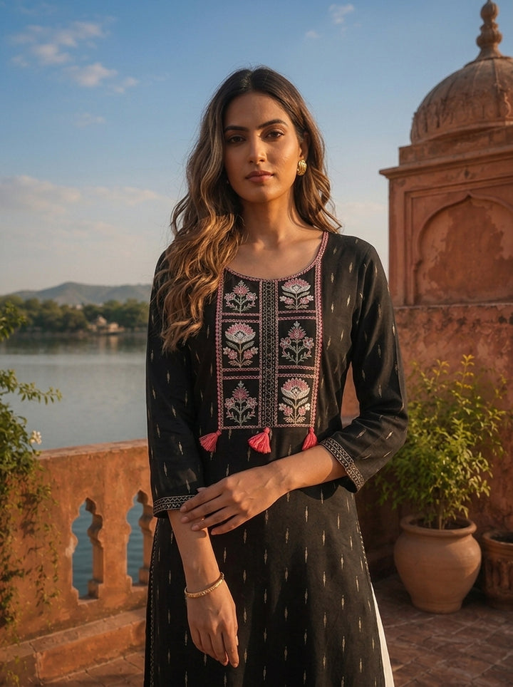 Black Rayon Woven Buti Embroidery Kurta