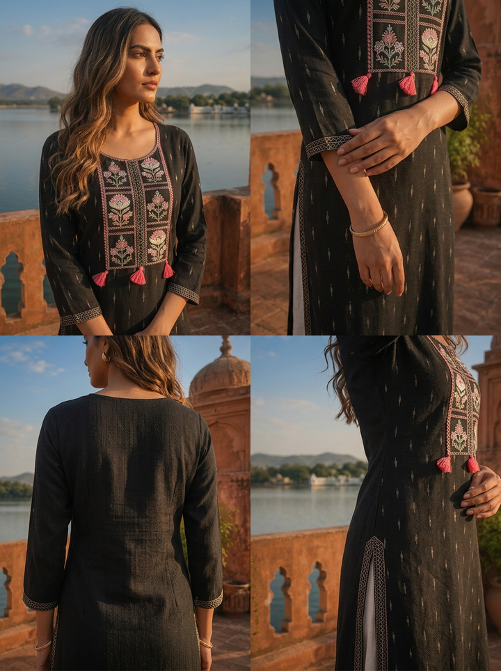 Black Rayon Woven Buti Embroidery Kurta