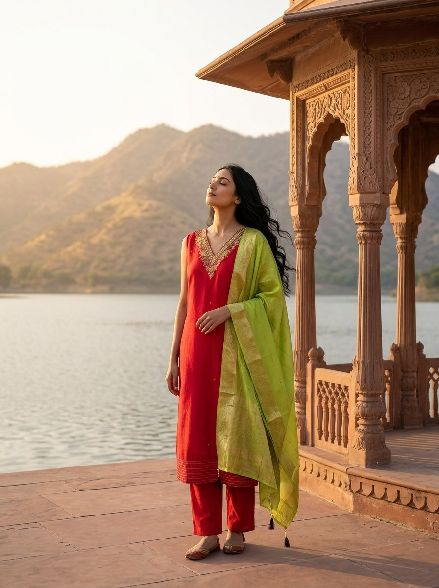 Rani Pink Vichitra Silk Intricate Hand Embroidery Three Piece Set