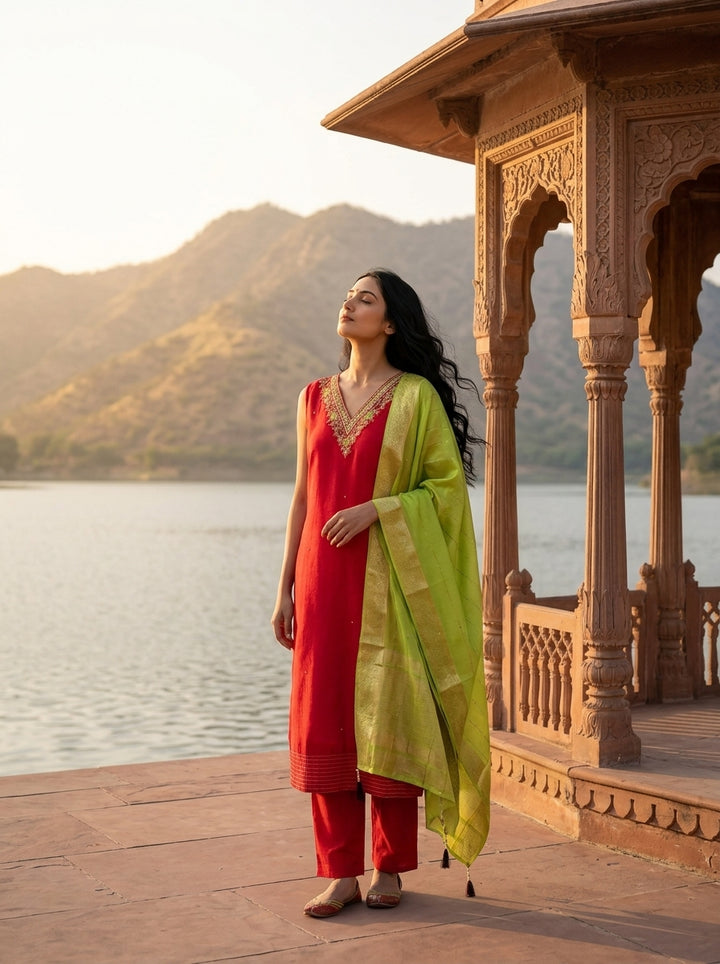 Rani Pink Vichitra Silk Intricate Hand Embroidery Three Piece Set