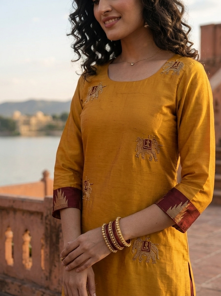 Mustard Tissue Elephant Butta With Temple Weaved Three Piece Set