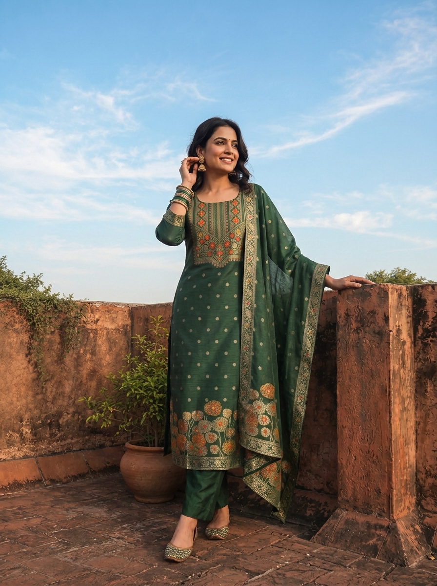 Bottle Green Silk Jacquard Woven Butti Three Piece Set