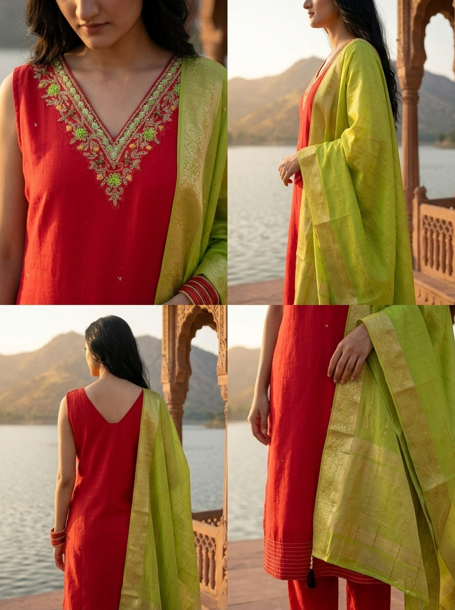 Rani Pink Vichitra Silk Intricate Hand Embroidery Three Piece Set