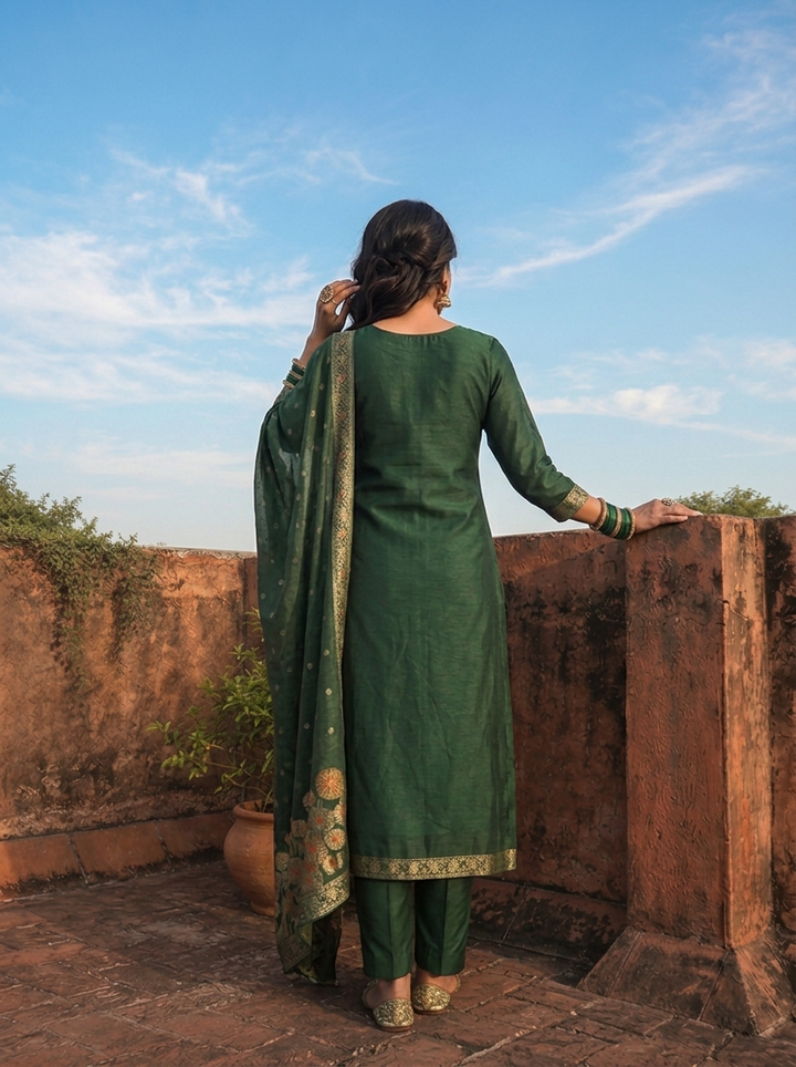 Bottle Green Silk Jacquard Woven Butti Three Piece Set