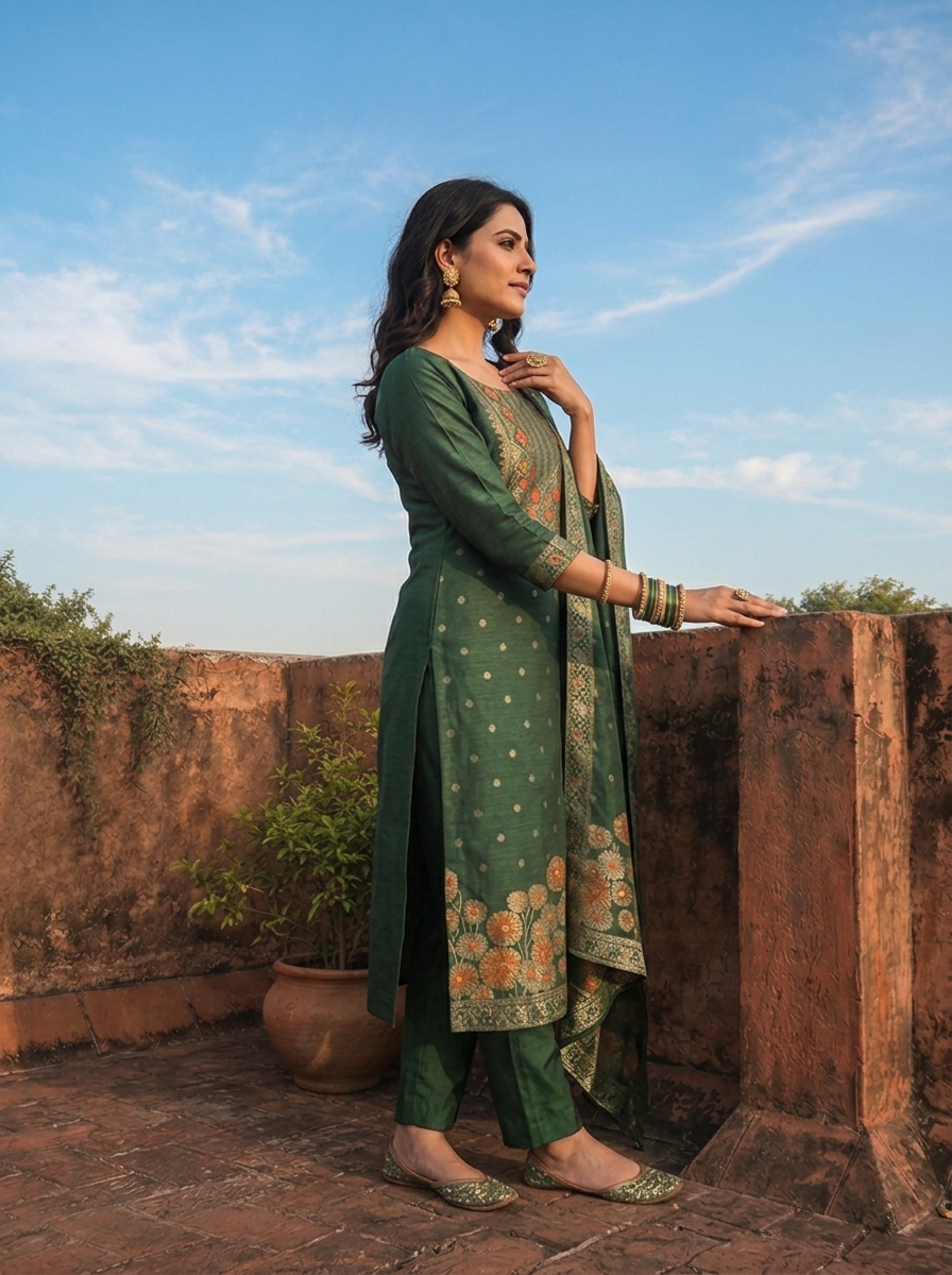 Bottle Green Silk Jacquard Woven Butti Three Piece Set