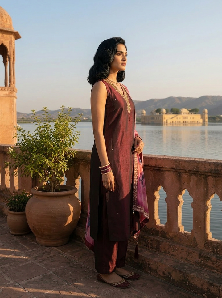 Wine Silk Zardosi Embroidery Three Piece Set