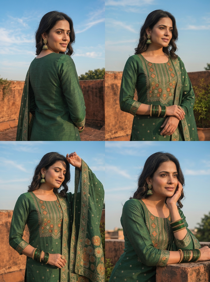 Bottle Green Silk Jacquard Woven Butti Three Piece Set
