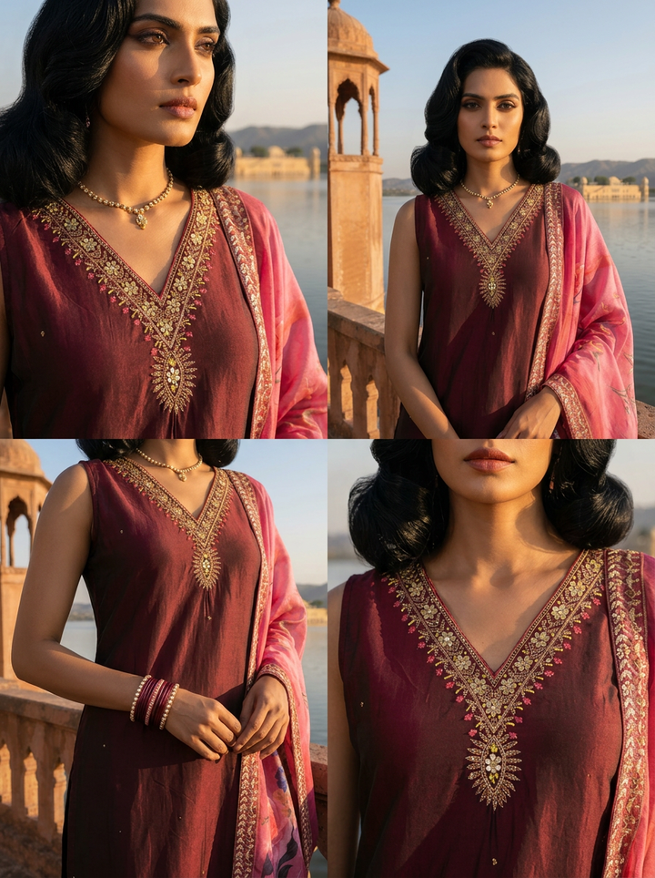 Wine Silk Zardosi Embroidery Three Piece Set