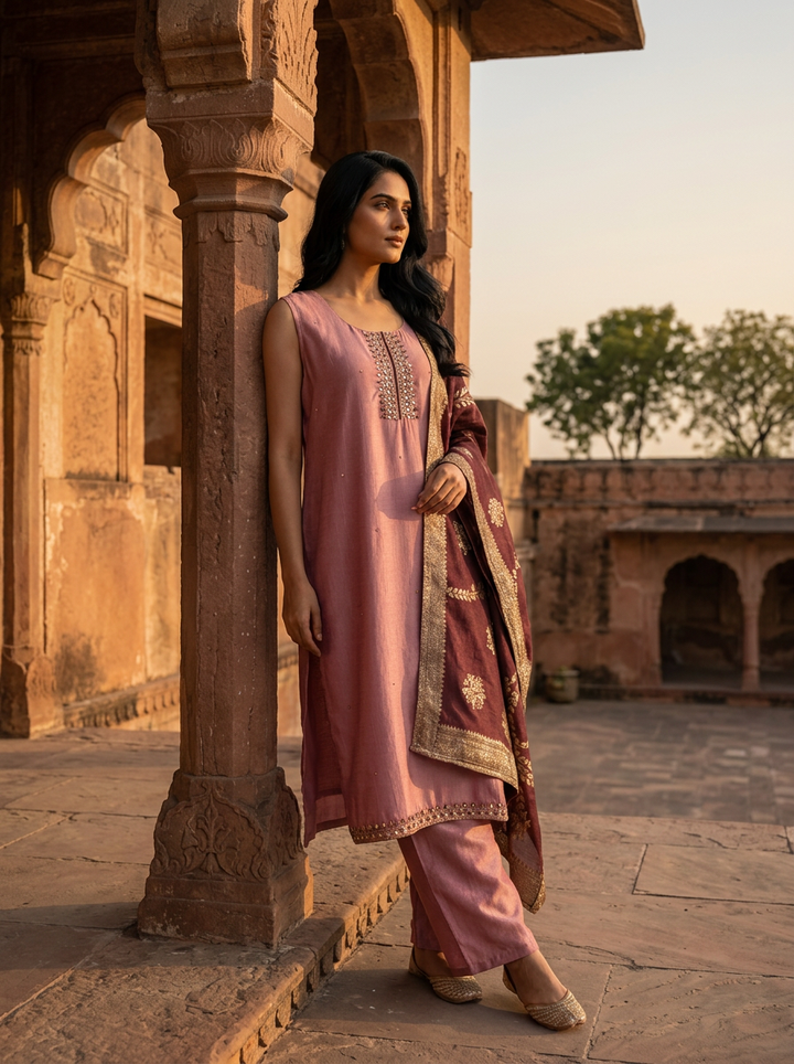 Onion Vichitra Silk Embroidery Three Piece Set With Floral Weaved Dupatta