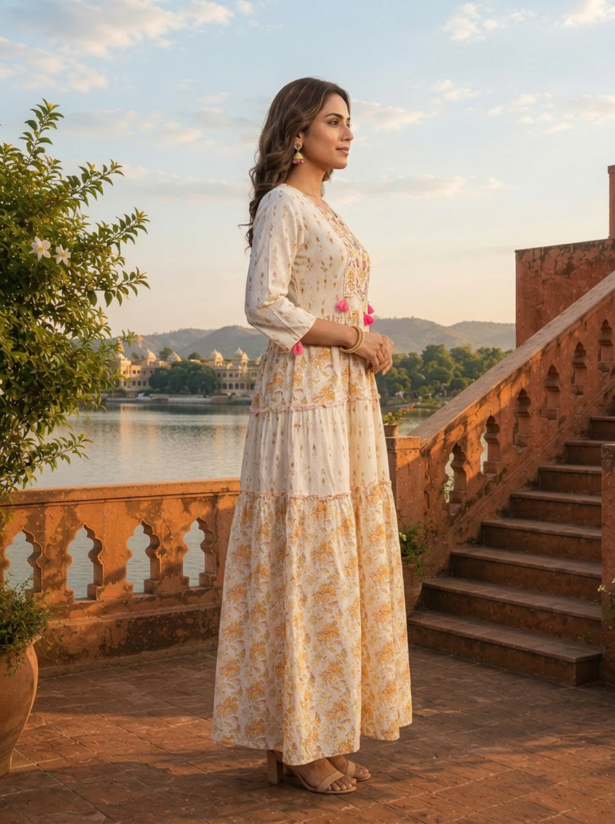 Off White Cotton Floral Jaal Printed Dress
