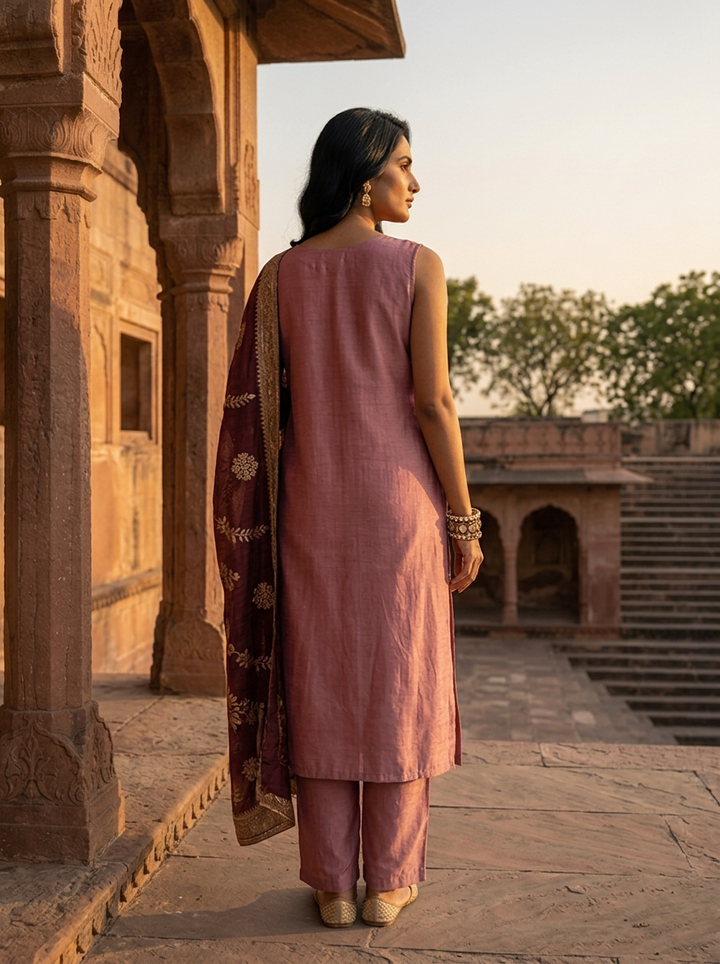Onion Vichitra Silk Embroidery Three Piece Set With Floral Weaved Dupatta