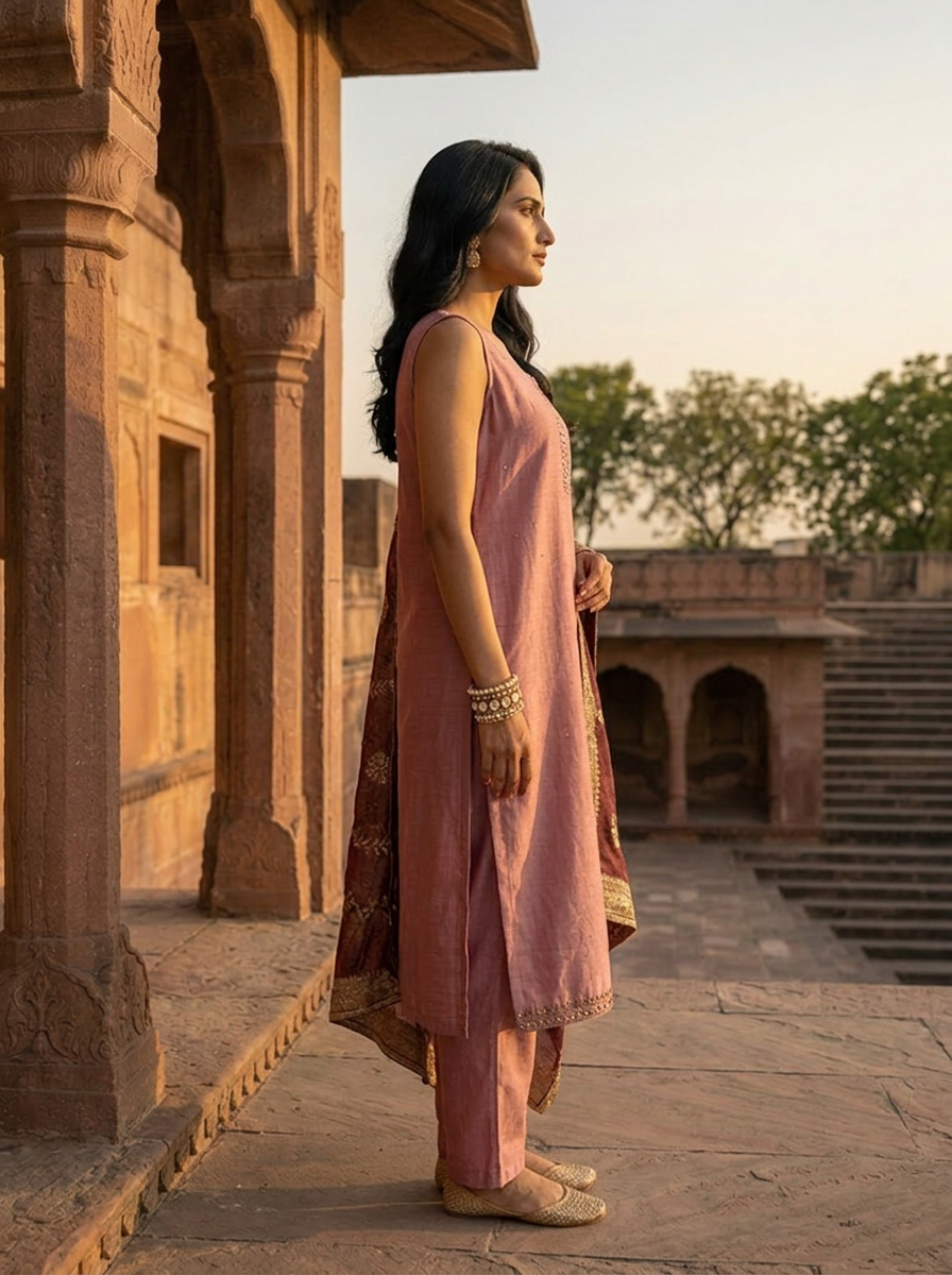 Onion Vichitra Silk Embroidery Three Piece Set With Floral Weaved Dupatta
