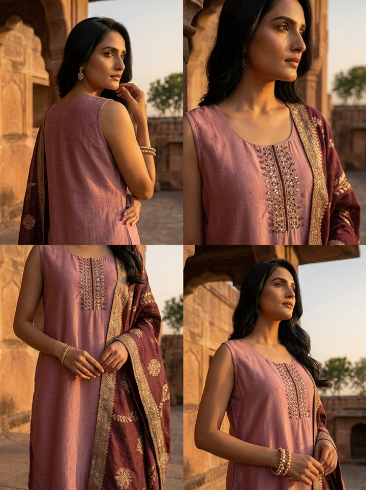 Onion Vichitra Silk Embroidery Three Piece Set With Floral Weaved Dupatta
