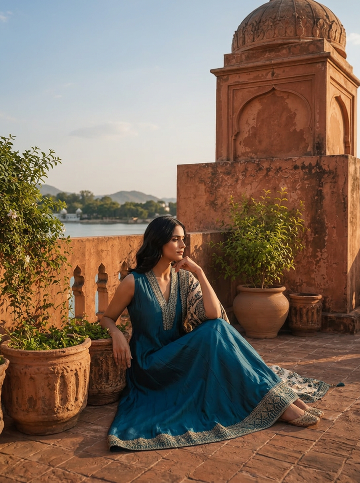 Peacock Silk Zari Embroidery Three Piece Set With Floral Dupatta