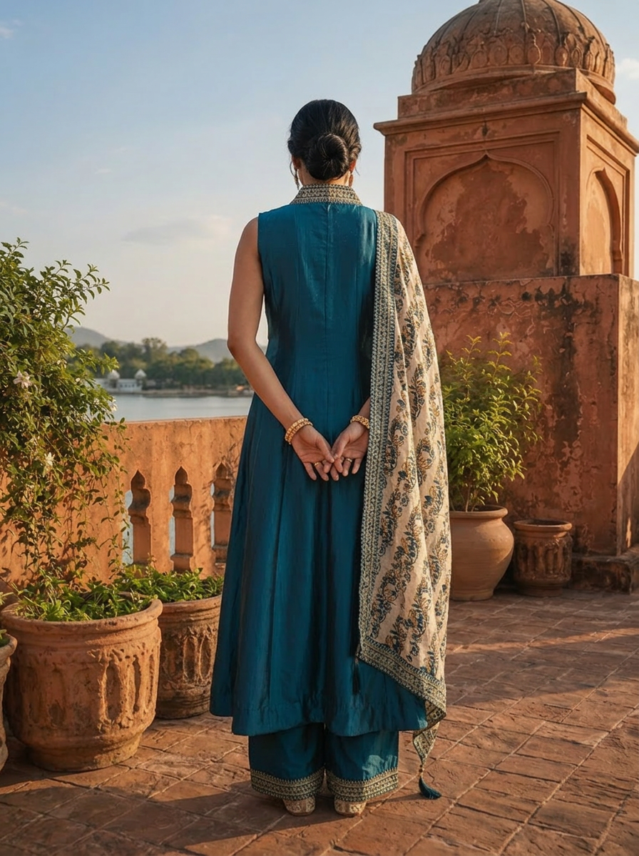 Peacock Silk Zari Embroidery Three Piece Set With Floral Dupatta