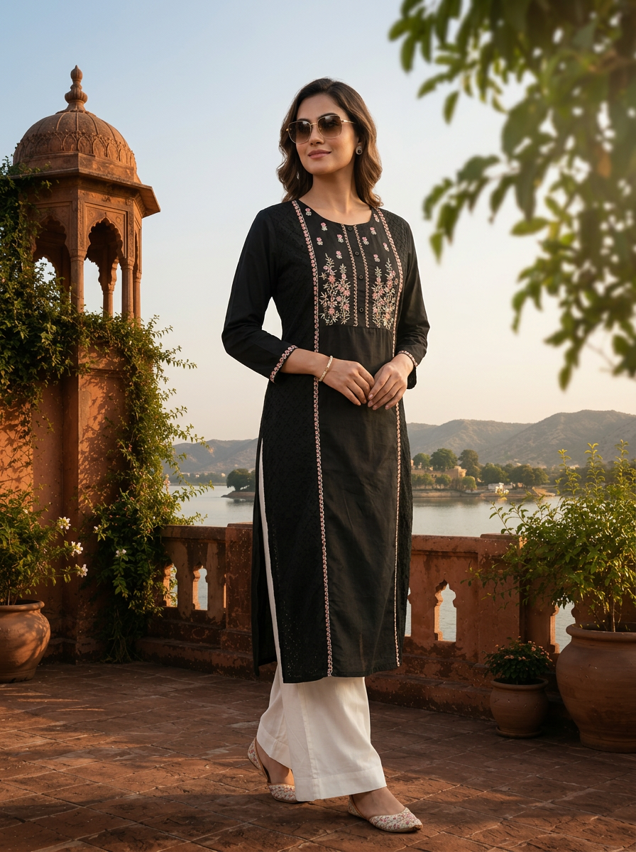 Black Cotton Multi Color Foil Mirror Embroidery Kurta