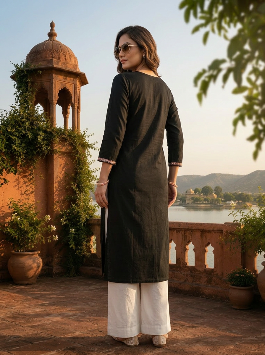 Black Cotton Multi Color Foil Mirror Embroidery Kurta