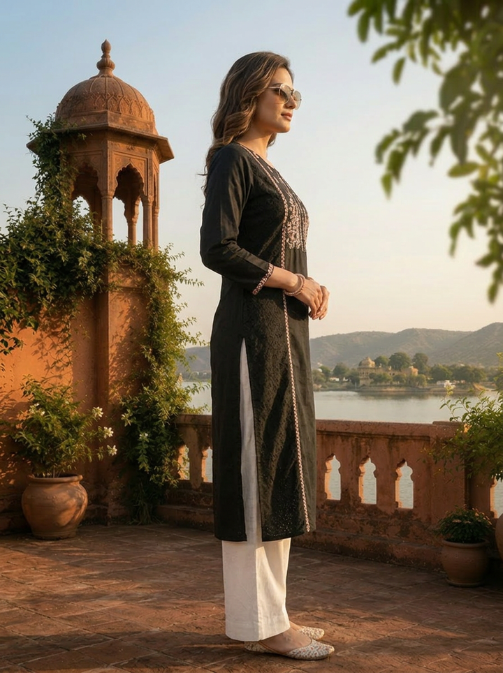 Black Cotton Multi Color Foil Mirror Embroidery Kurta